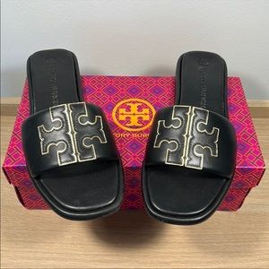 Worn Tory Burch Double Sport Slide Nappa Calf Leather Perfect Black Gold size 11